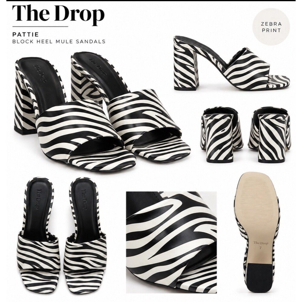 The Drop Pattie Zebra Print High Block Heel Mule Sandals Women’s 7 NEW